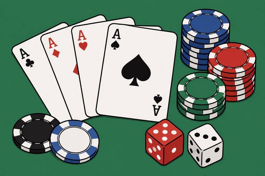Playing cards, dice and casino-style chips arranged in a hand-drawn cartoon style.