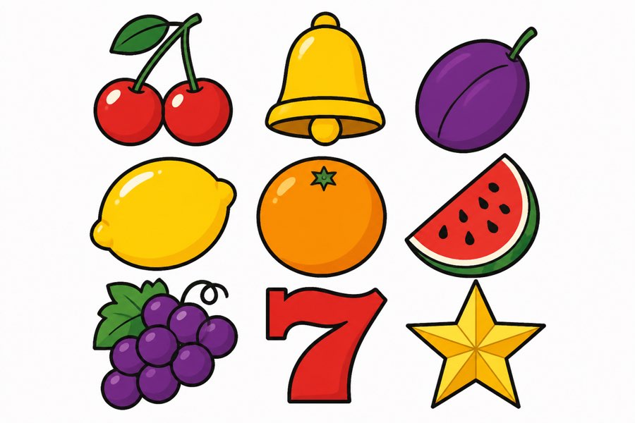 Cherry, bell, orange and lucky seven symbols in a hand-drawn cartoon style, the theme of Cherry Chrome Reels.