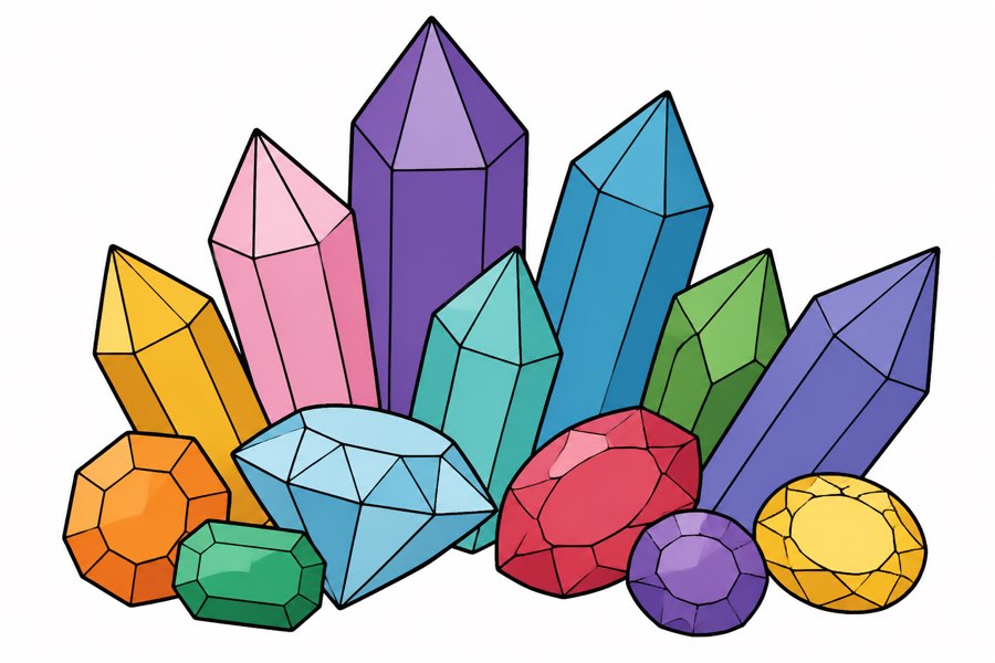 A cluster of faceted gemstones in a hand-drawn cartoon style, the theme of Prism Scratch.