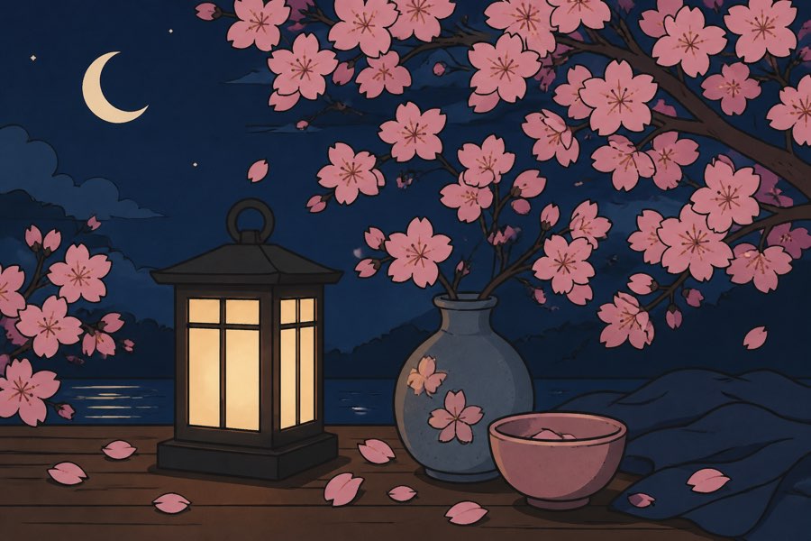 A paper lantern and cherry blossoms under a night sky, the theme of Sakura Streak.