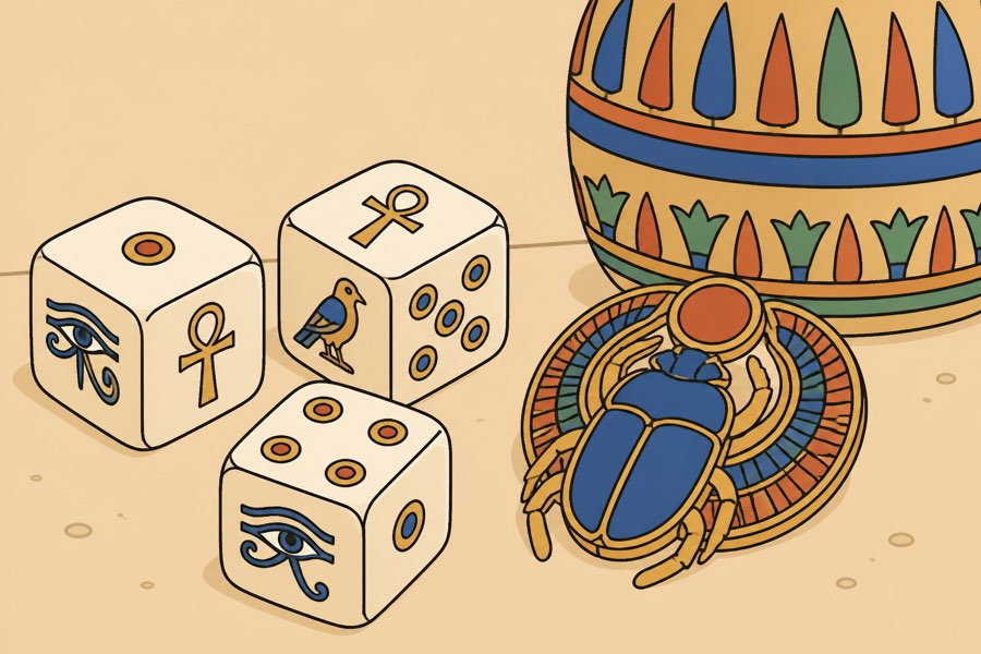 Dice and a golden scarab charm in a hand-drawn cartoon style, the theme of Scarab Dice.