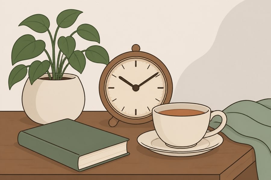 A calm still-life of a clock, a cup of tea and a plant, in a hand-drawn cartoon style.